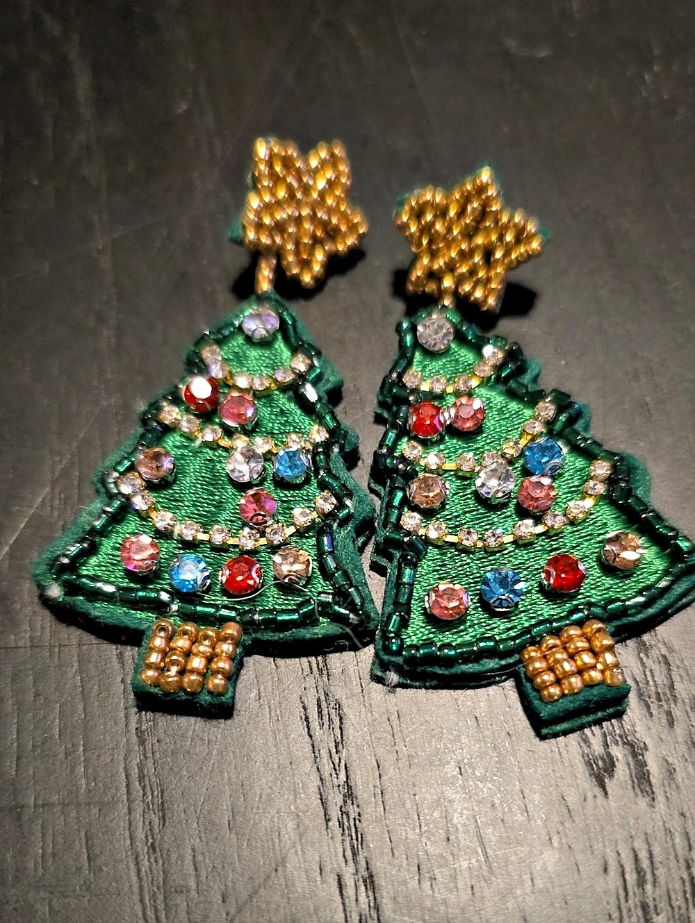 Christmas Tree Earrings in Green & Gold